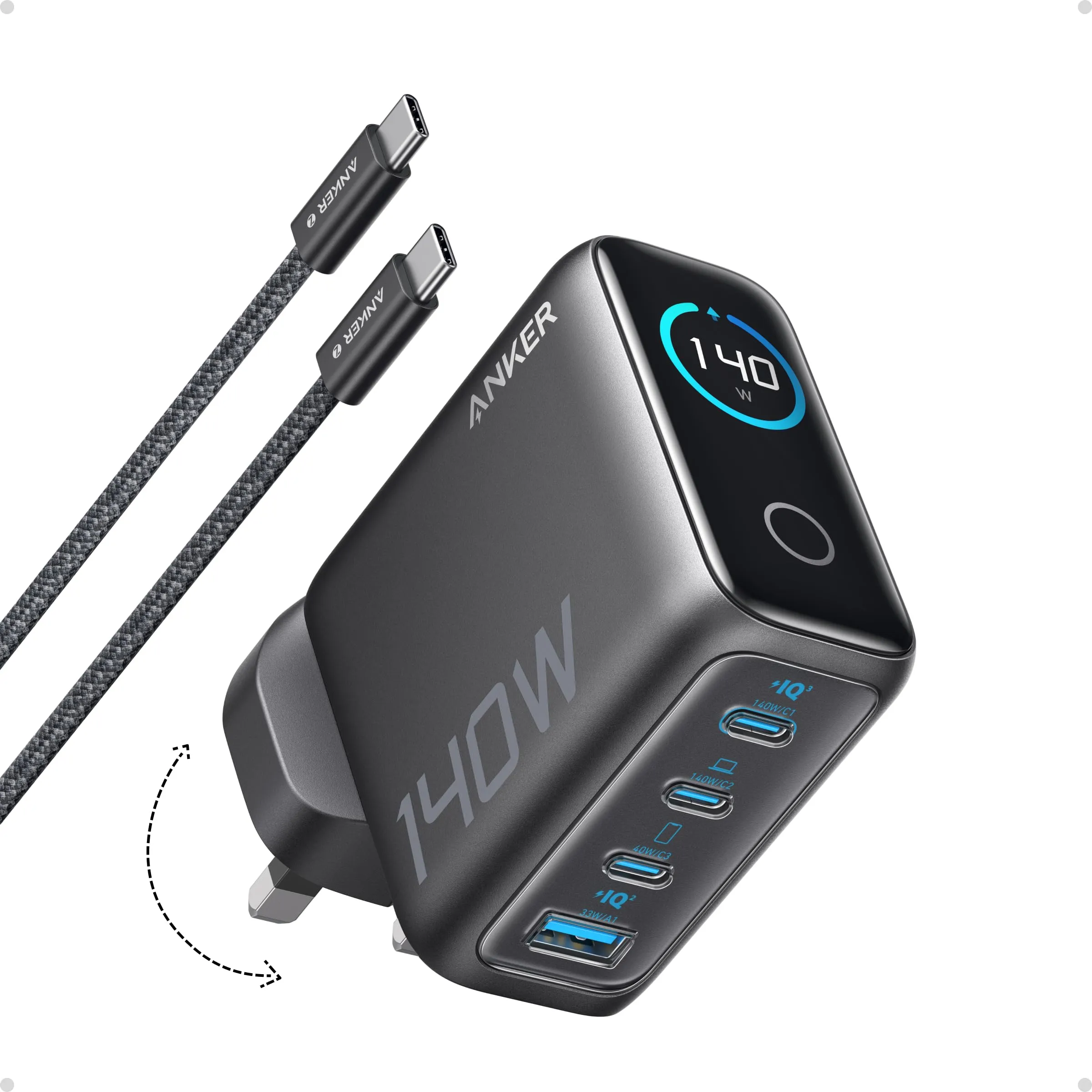Anker 140 W charger in black with a display reading 140 W, three USB-C ports and one USB-A port, folding UK pins and a braided USB-C cable