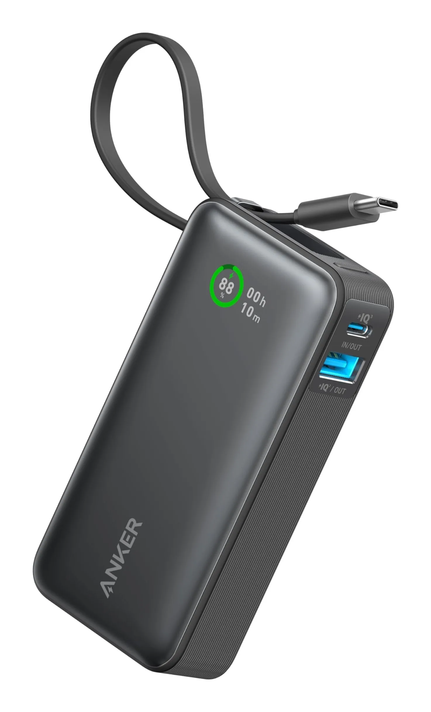 Anker Nano 10K power bank in black with a built-in USB-C cable looped over the top, a colour display reading 88 %, and USB-C and USB-A ports