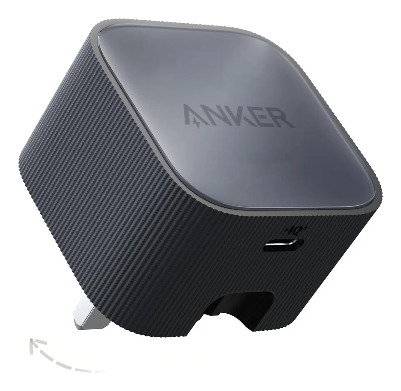 Anker Nano 30 W USB-C charger: a small dark cube with a ribbed edge, single USB-C port and folding UK pins