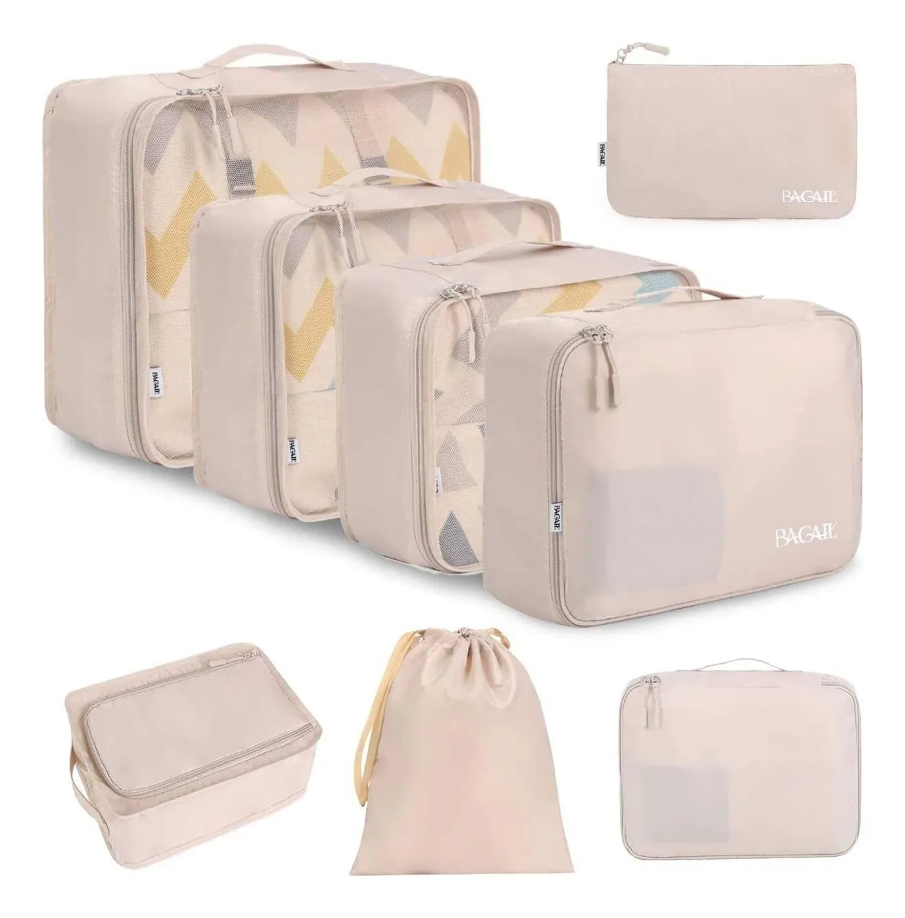 Bagail eight-piece set in beige: three mesh-topped packing cubes, a shoe bag, a drawstring laundry bag, a flat pouch and two smaller bags