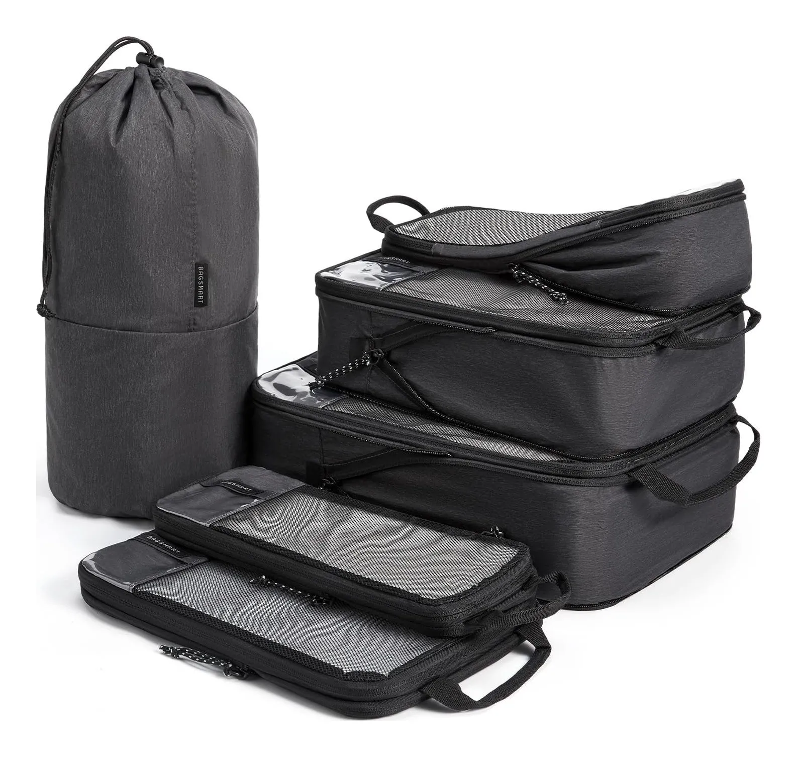 Bagsmart six-piece compression packing cubes in black mesh with carry handles, compression zips and clear label pockets