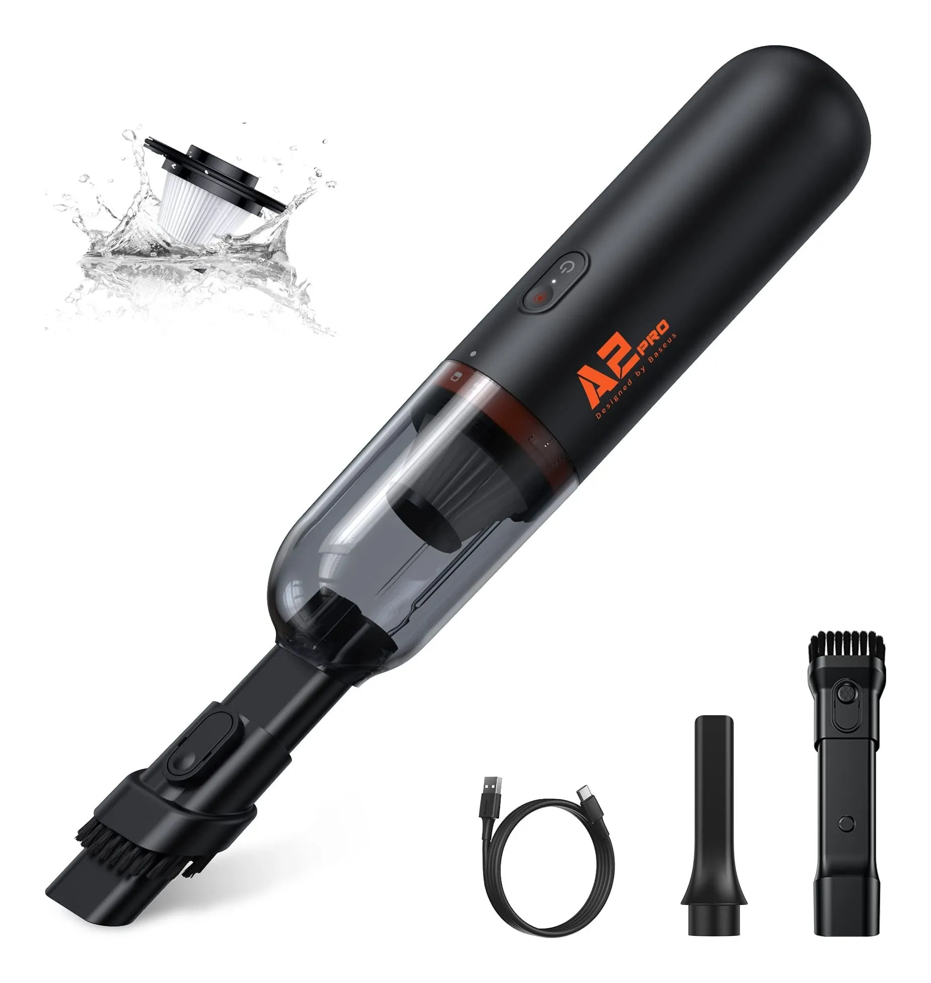 Baseus A2 Pro handheld vacuum: a slim black stick with a clear dust cup and brush nozzle, shown with a crevice nozzle, a blower nozzle, a USB-C cable and a washable filter