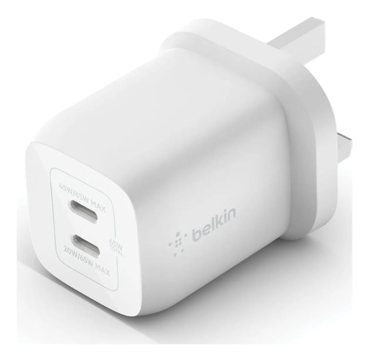 Belkin BoostCharge Pro 65 W charger in white with two USB-C ports labelled 45W/65W max and 20W/65W max and a UK plug