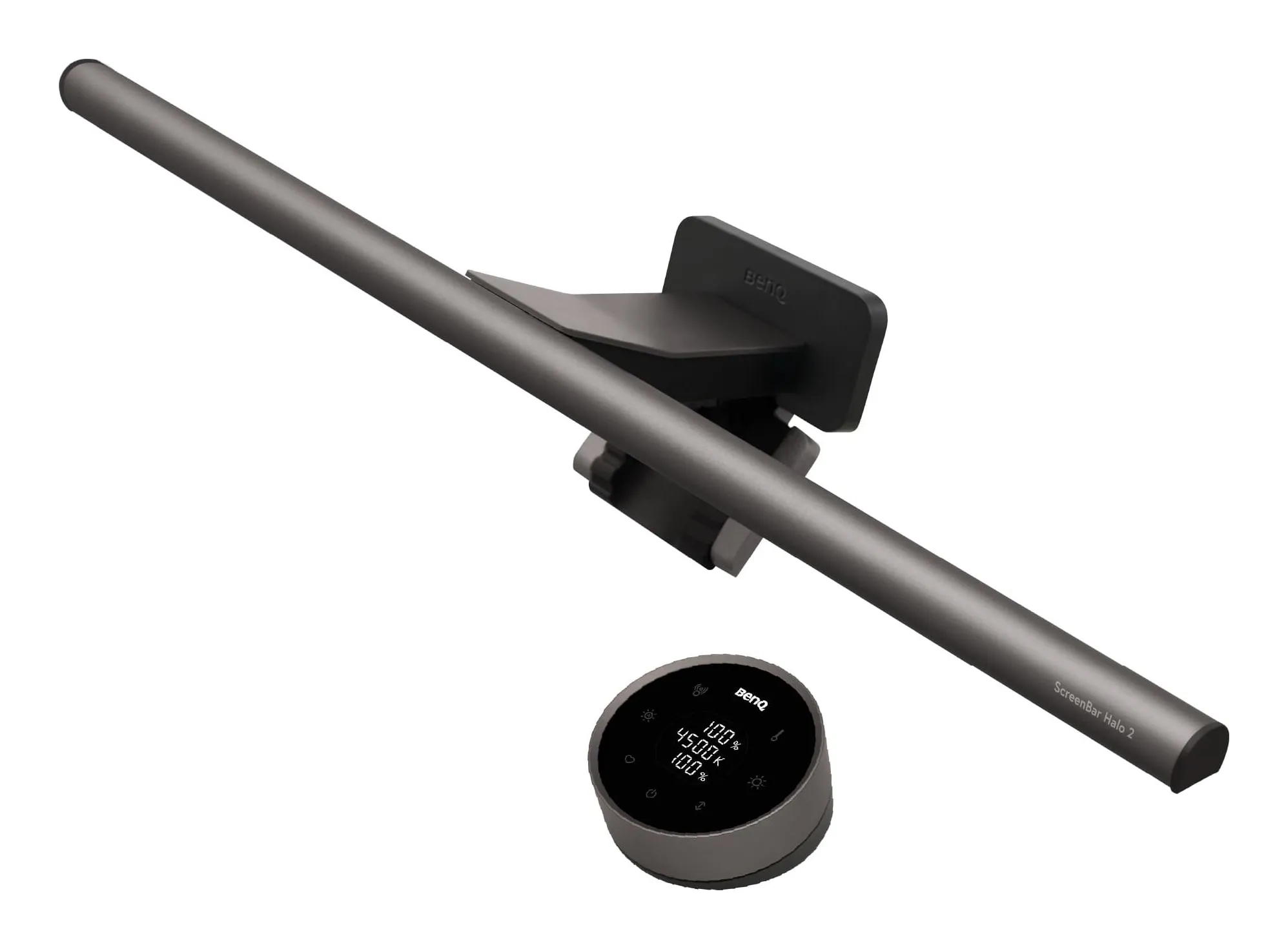 BenQ ScreenBar Halo 2 light bar in dark grey with its clamp and the round wireless controller showing brightness, 4500 K and backlight level