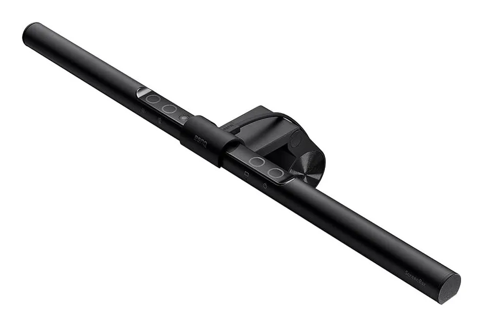 BenQ ScreenBar in black: a slim 45 cm light bar with touch keys, seen from above with its weighted clamp