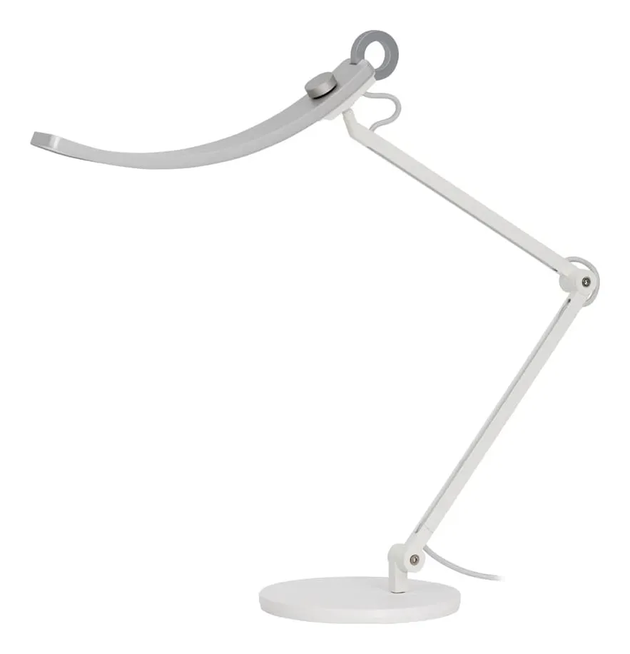 BenQ WiT e-Reading desk lamp in silver and white: a curved head with a knob on top, a two-section arm and a round base