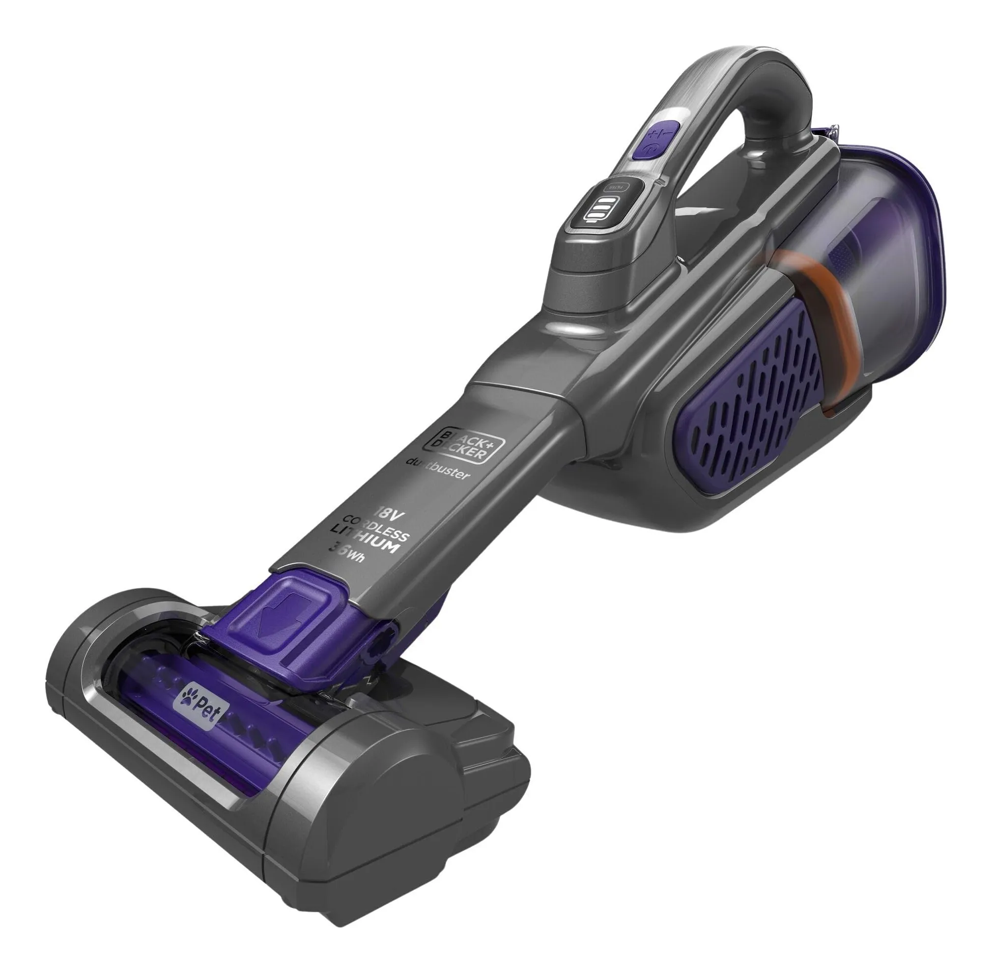 Black+Decker dustbuster 18 V Pet in grey and purple with a powered pet brush head, a dust bowl at the rear and an LED panel on the handle