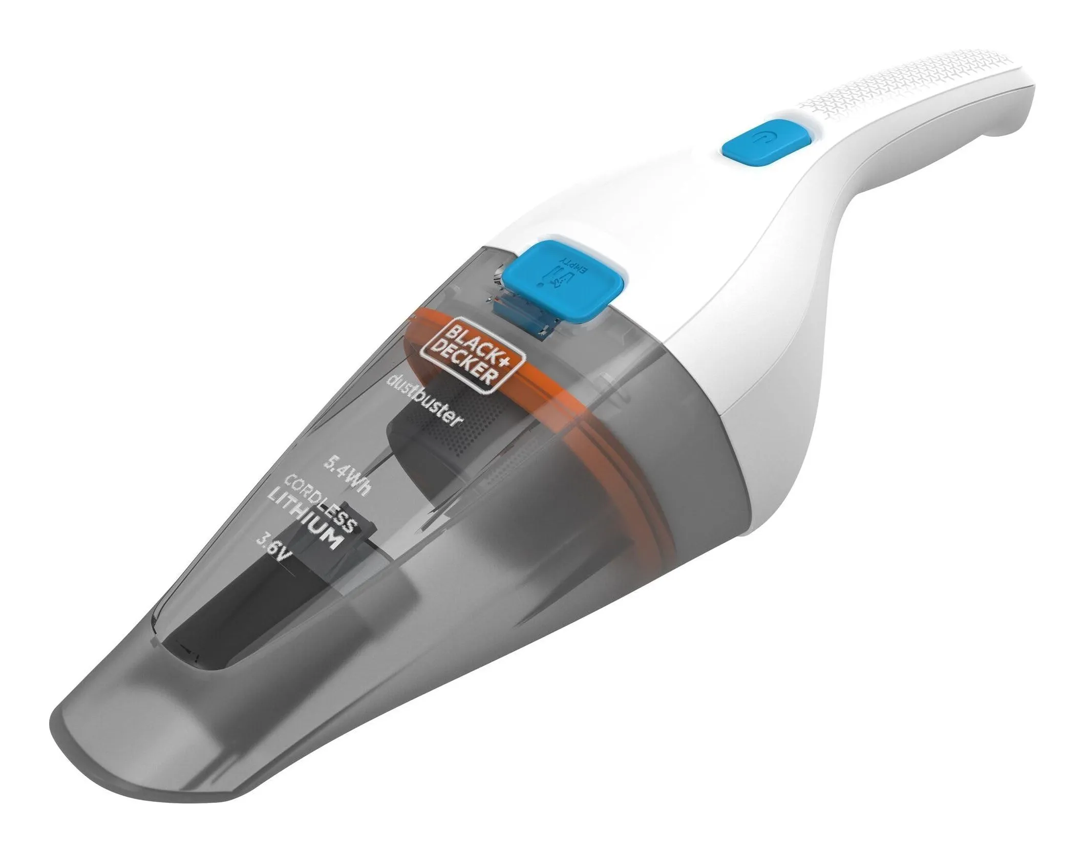 Black+Decker dustbuster 3.6 V hand vacuum in white with a translucent grey dust bowl marked 5.4 Wh cordless lithium and a blue empty button