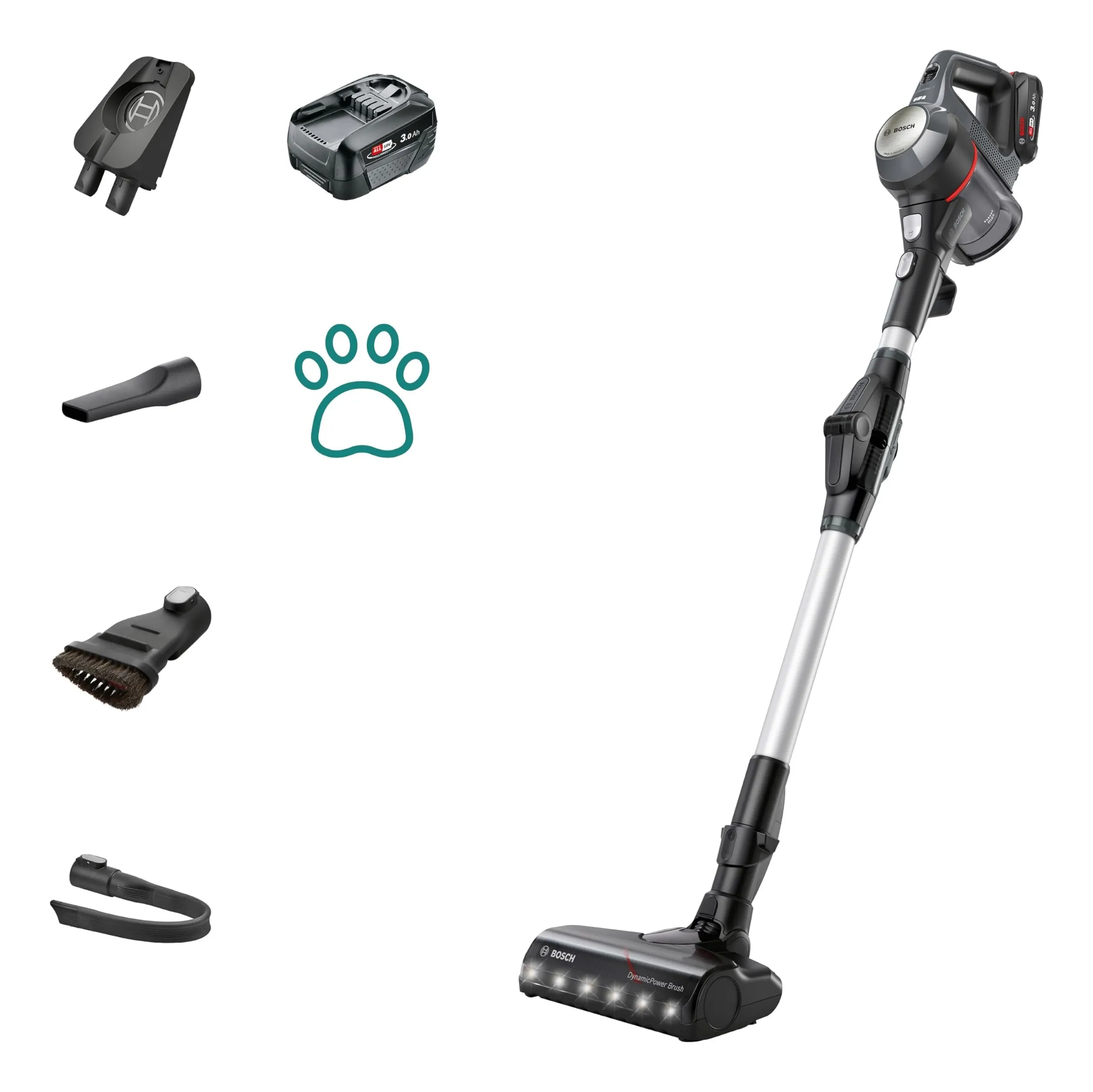 Bosch Unlimited 7 cordless vacuum in anthracite shown with its 18 V 3.0 Ah Power for All battery, crevice tool, brush, flexible hose and a lit DynamicPower floor brush