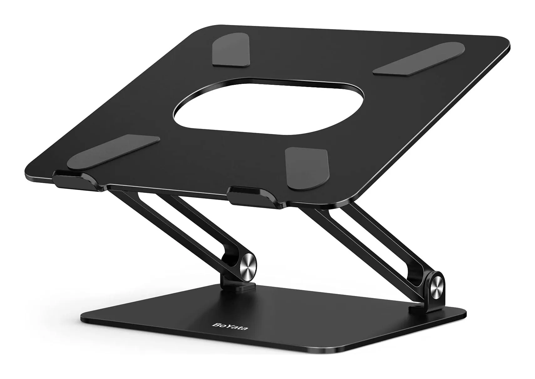 BoYata adjustable laptop stand in black aluminium with a large platform, cut-out for airflow, four rubber pads and two hinged arms