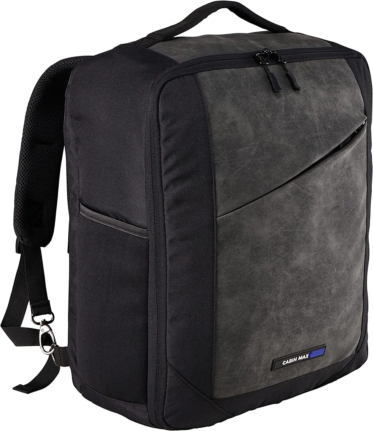 Cabin Max Manhattan 24L cabin backpack with a grey faux-suede front panel, diagonal front zip pocket, side mesh bottle pocket and padded straps