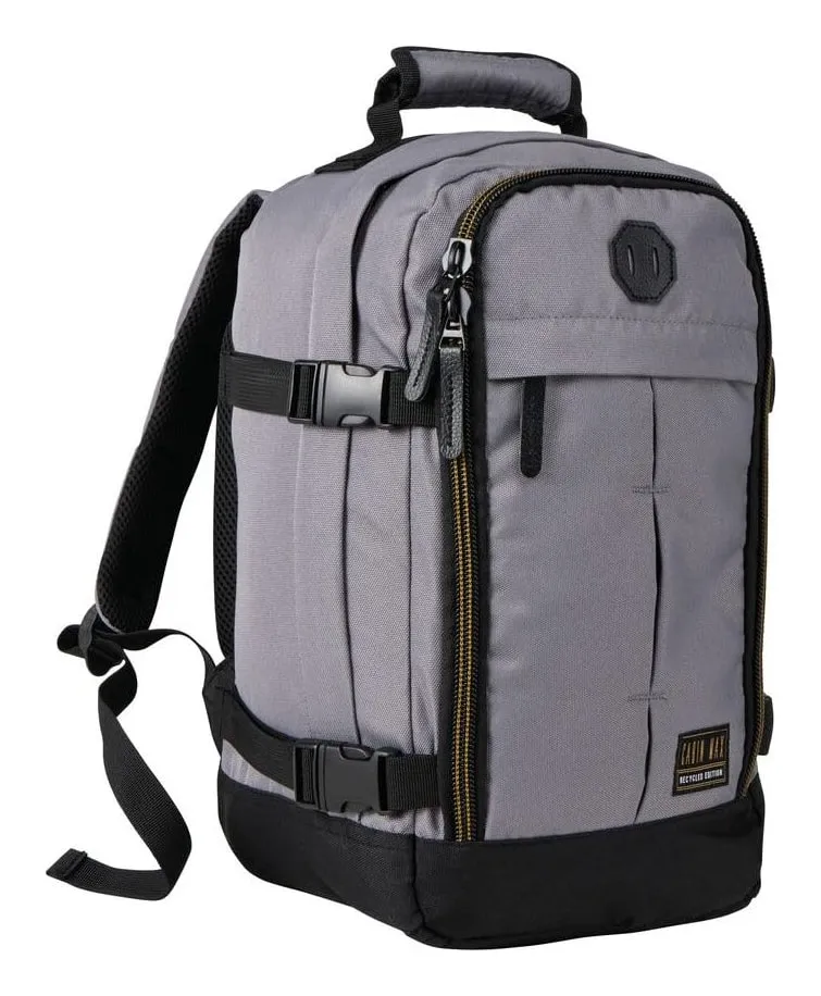 Cabin Max Metz 20L underseat backpack in grey with a black base, 'Recycled Edition' label, two side compression straps and a padded top handle