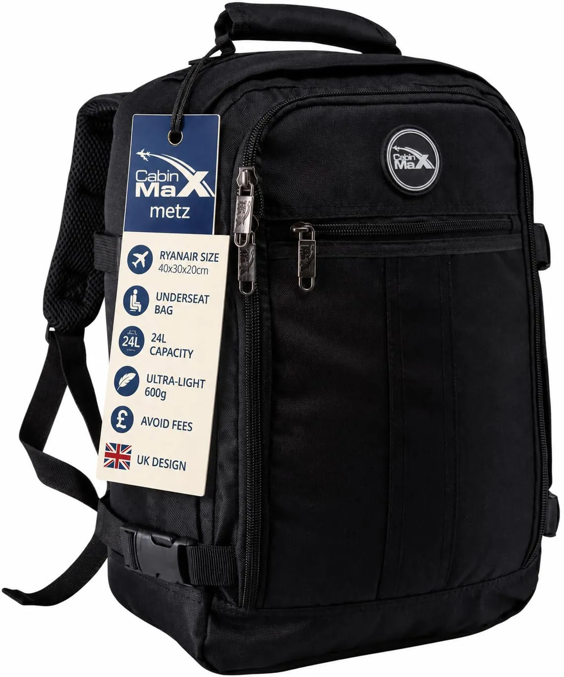 Cabin Max Metz 24L cabin backpack in black with a swing tag reading 'Ryanair size 40x30x20cm, underseat bag, 24L capacity, ultra-light 600g'