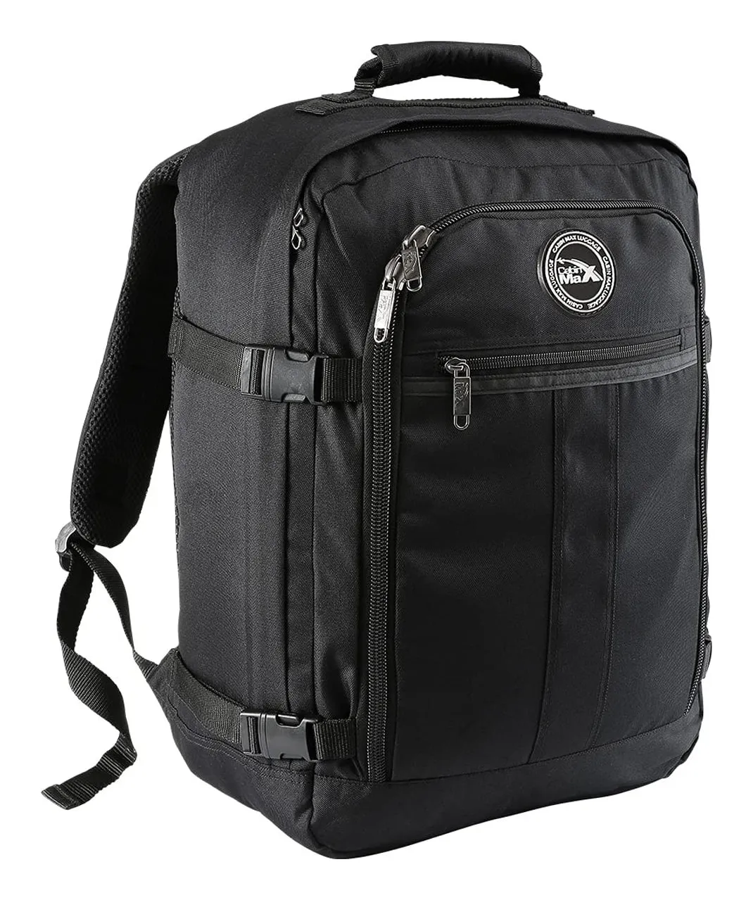 Cabin Max Metz 30L cabin backpack in black with a front organiser pocket, two side compression straps and a padded top handle