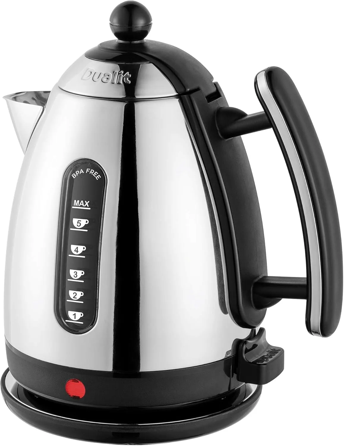 Dualit Lite 1.5-litre jug kettle in polished stainless steel with black trim, a water window marked 1 to 5 cups and a BPA-free label
