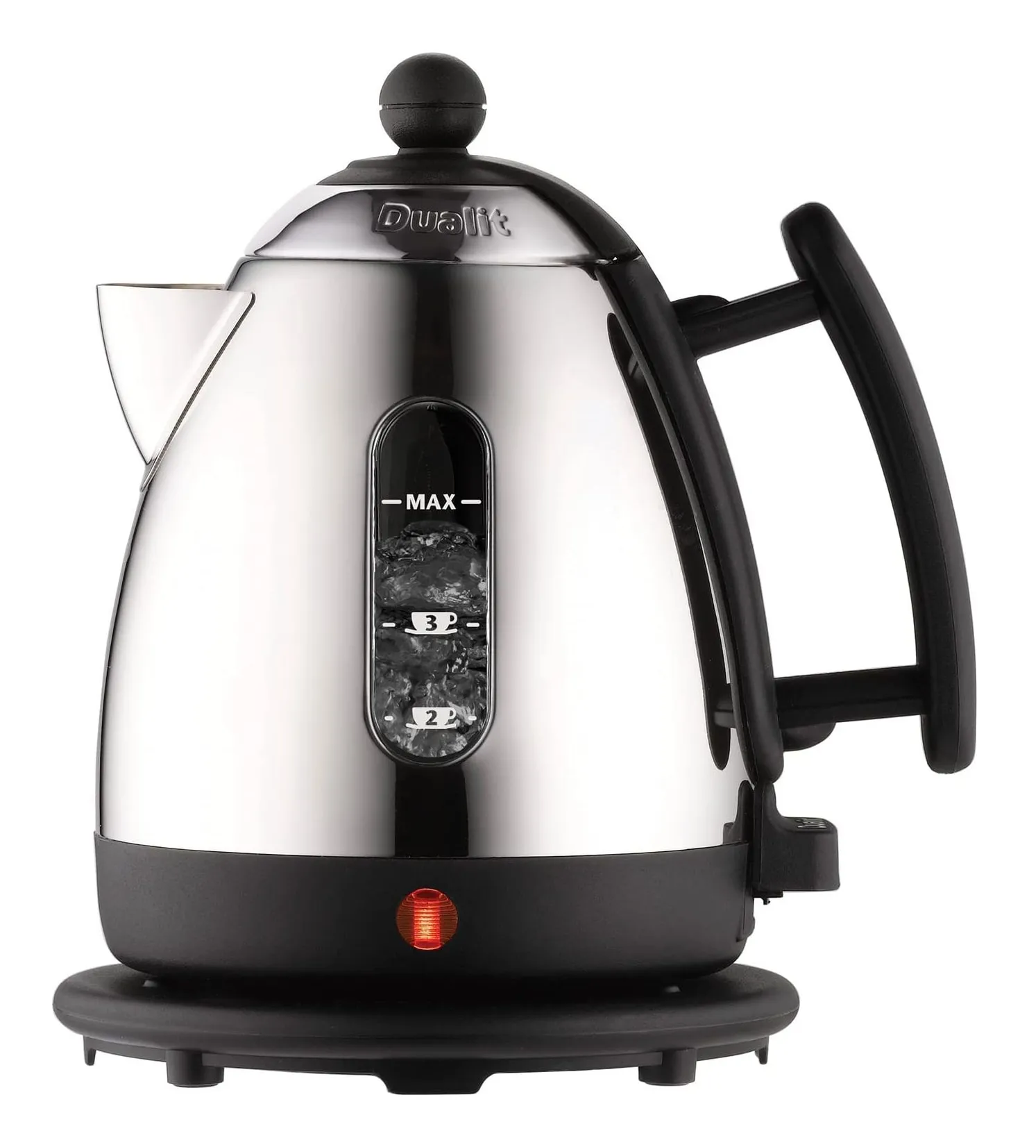 Dualit Mini Lite kettle in polished stainless steel with black trim, a water window marked in cups and a black base with a red light