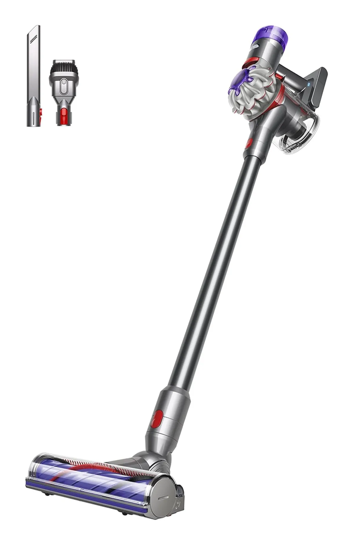 Dyson V8 Advanced cordless vacuum in silver and nickel with a crevice tool and combination tool, purple cyclone and a Motorbar floor head