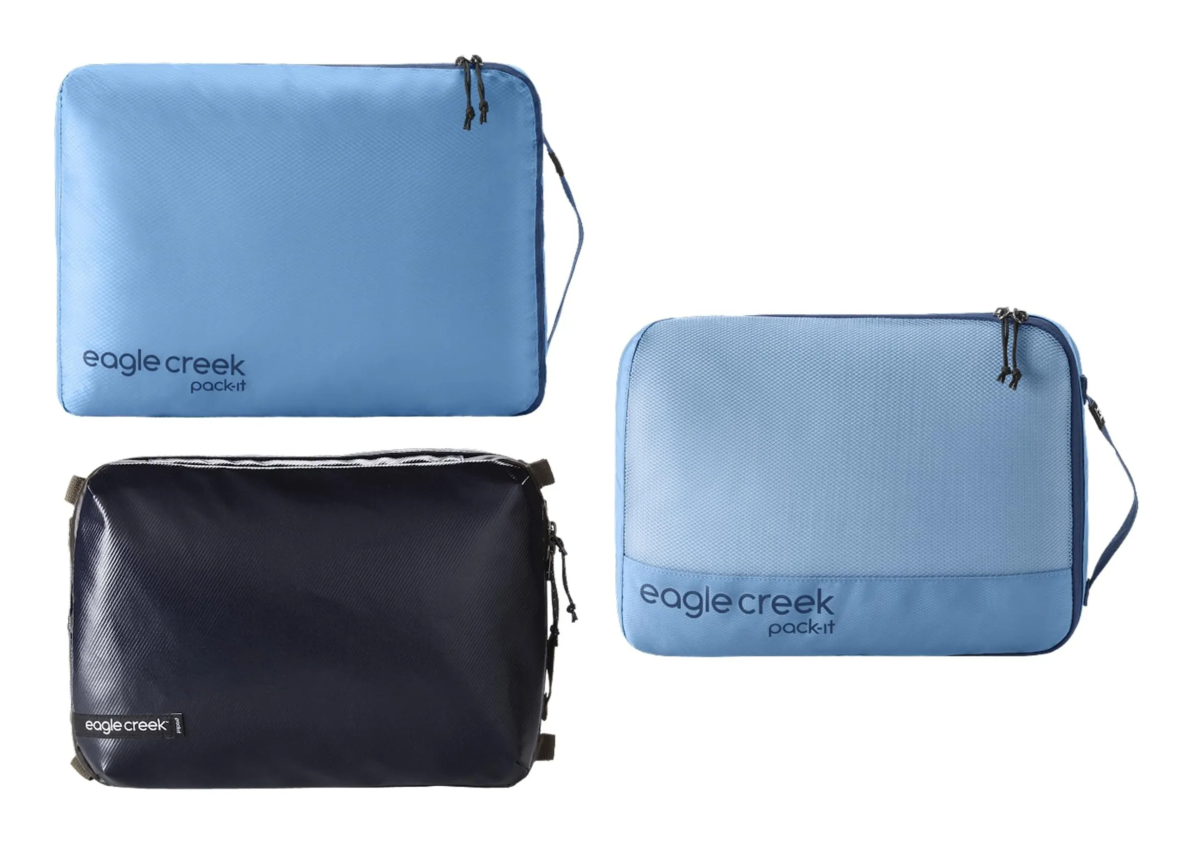 Eagle Creek Pack-It mixed cube set in blue: a smooth Isolate cube, a mesh-fronted Reveal cube and a dark structured Gear cube