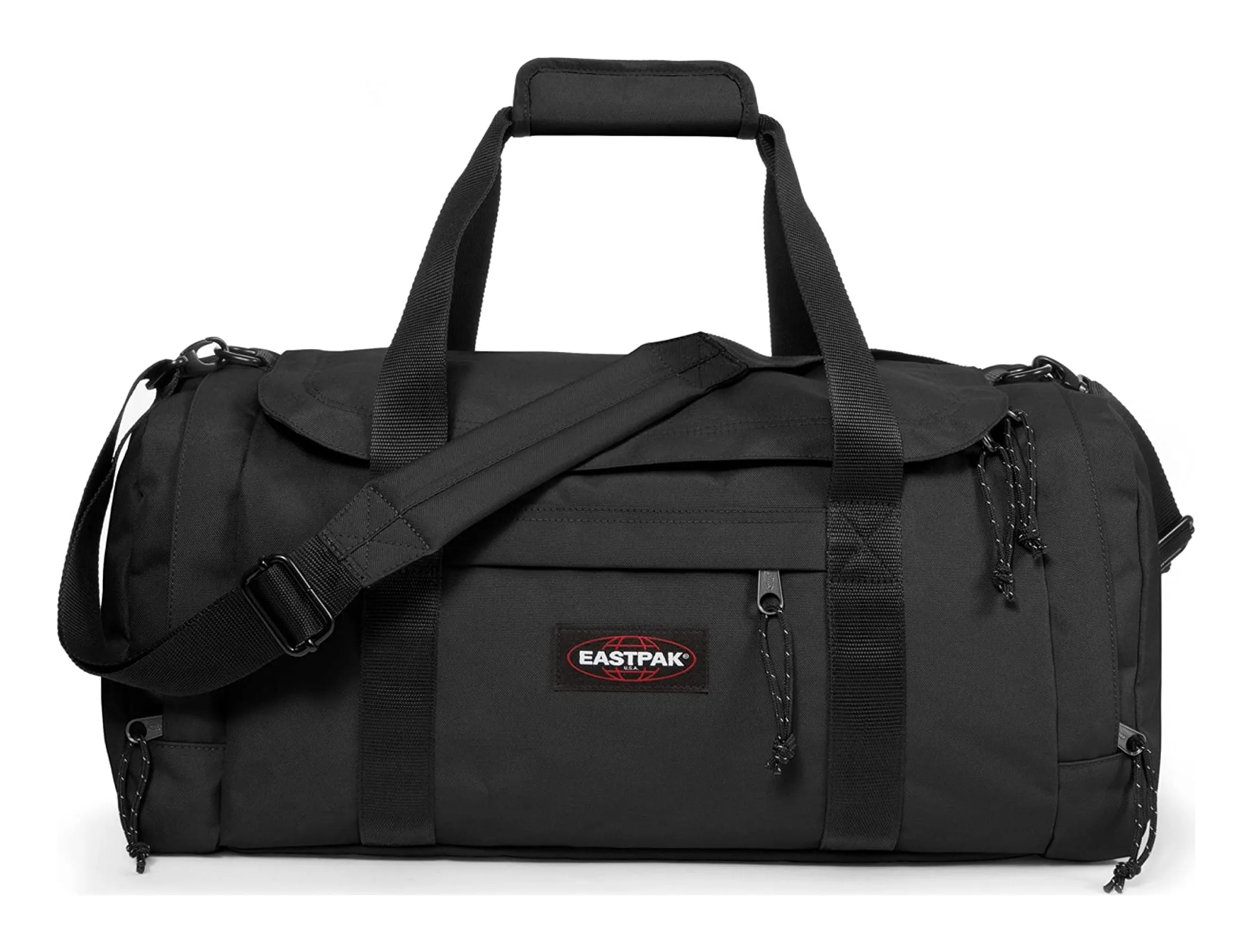 Eastpak Reader S+ duffle in black: a soft barrel bag with two grab handles, a shoulder strap, a zipped front pocket and side compartments