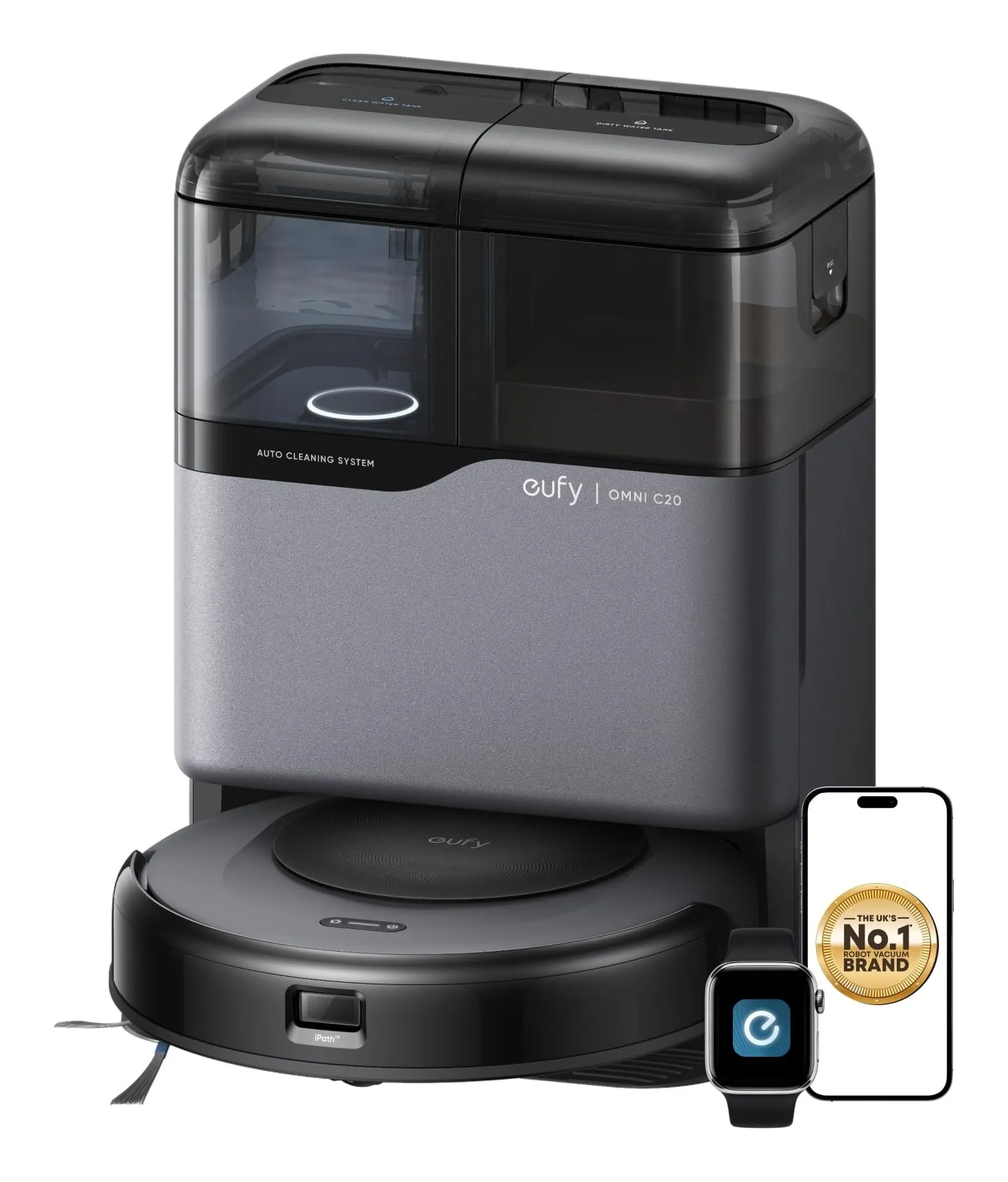 eufy Omni C20 robot vacuum with a low round body parked at its all-in-one station with clear water tanks on top, with the eufy app on a phone and watch