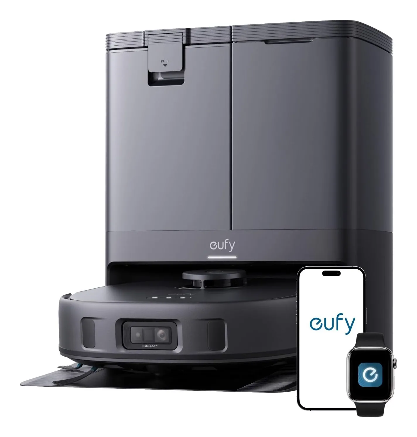 eufy X10 Pro Omni robot vacuum with its front camera module parked at the tall all-in-one station, with the eufy app shown on a phone and watch