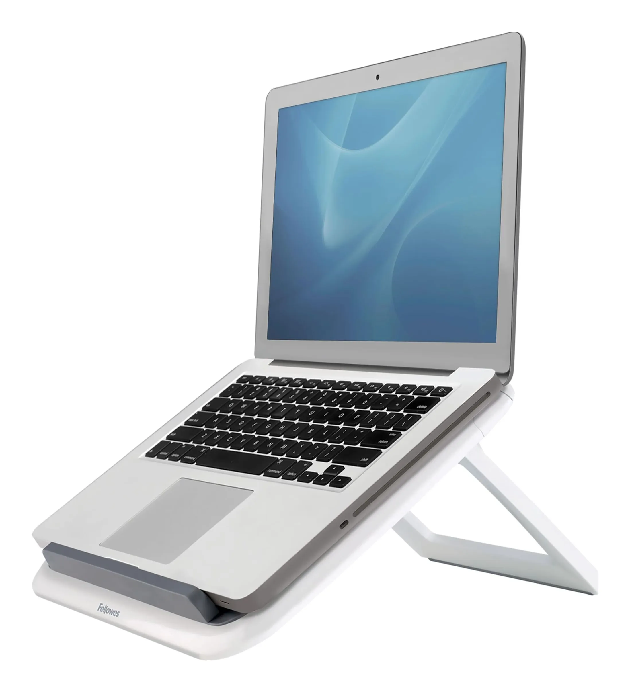Fellowes I-Spire portable laptop lift in white holding a laptop at a typing angle on a folding rear leg