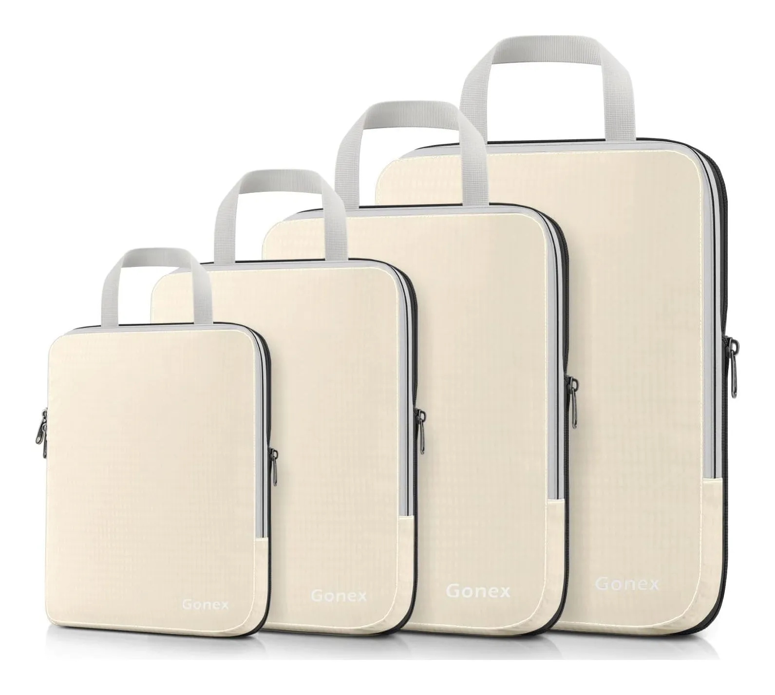 Four Gonex compression packing cubes in beige nylon with grey handles, in graduated sizes from small to extra large