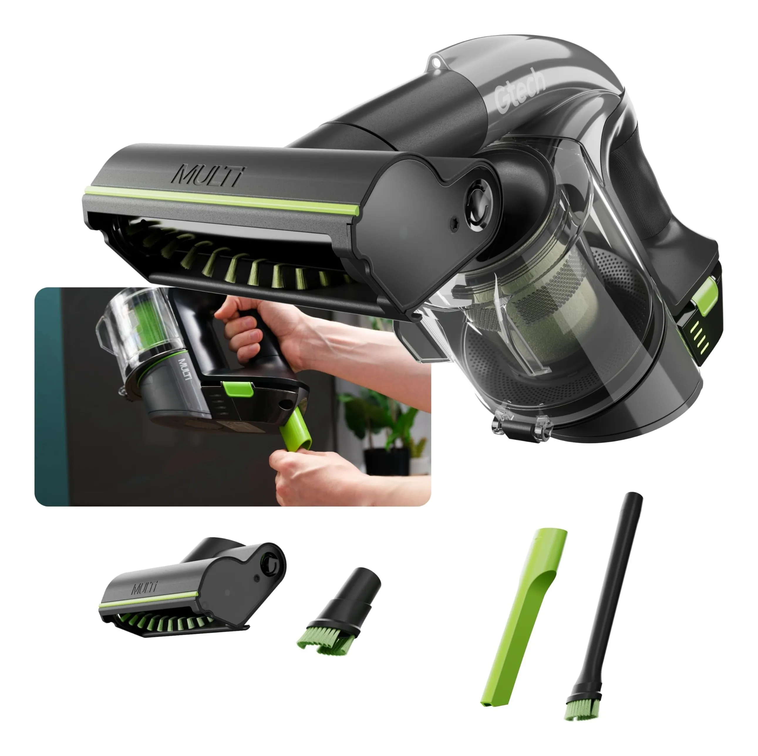 Gtech Multi MK2 handheld vacuum in grey and green with its powered brush head fitted, a clear bin and battery, shown with a crevice tool, extension tube and brush