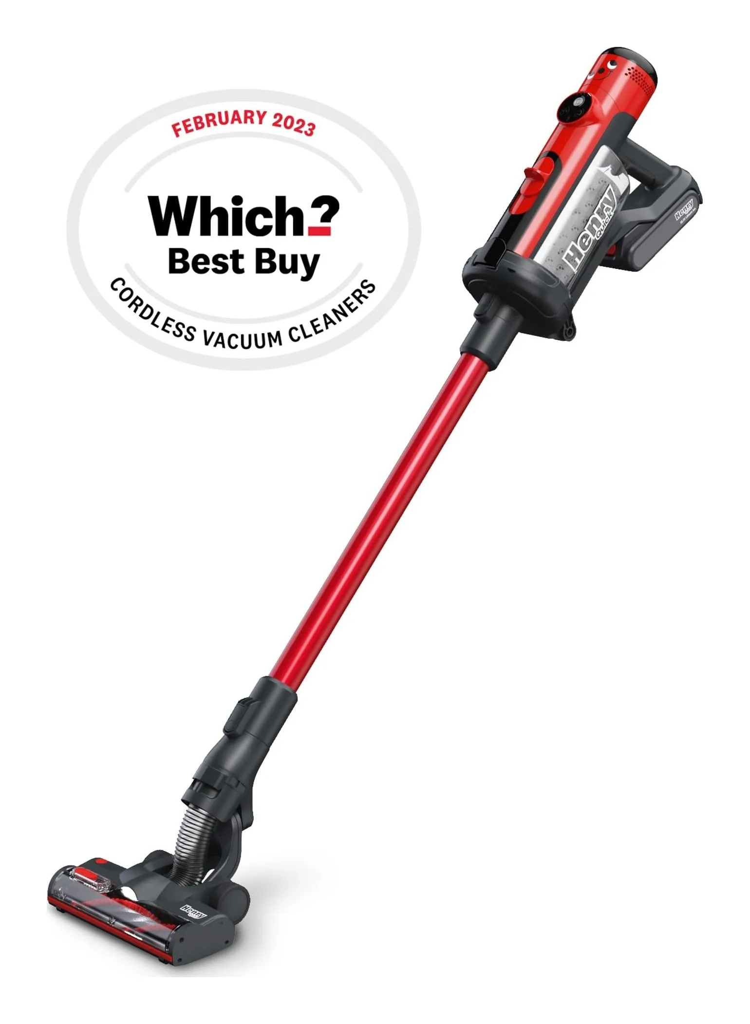 Henry Quick cordless stick vacuum in red with the Henry face on the body, a detachable battery at the handle and a motorised floor head on a flexible neck