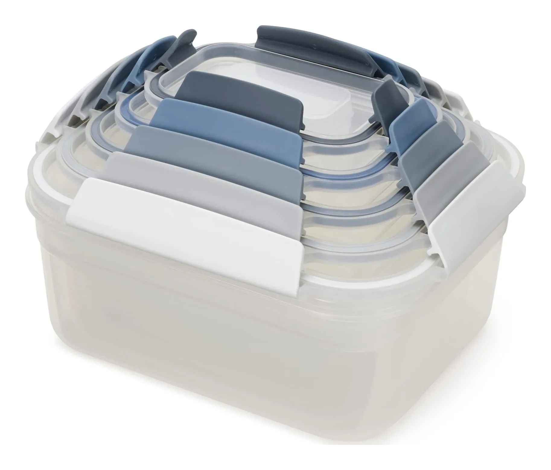 Joseph Joseph Nest Lock five-piece set nested inside the largest container, with lids in white, grey and blue locking tabs