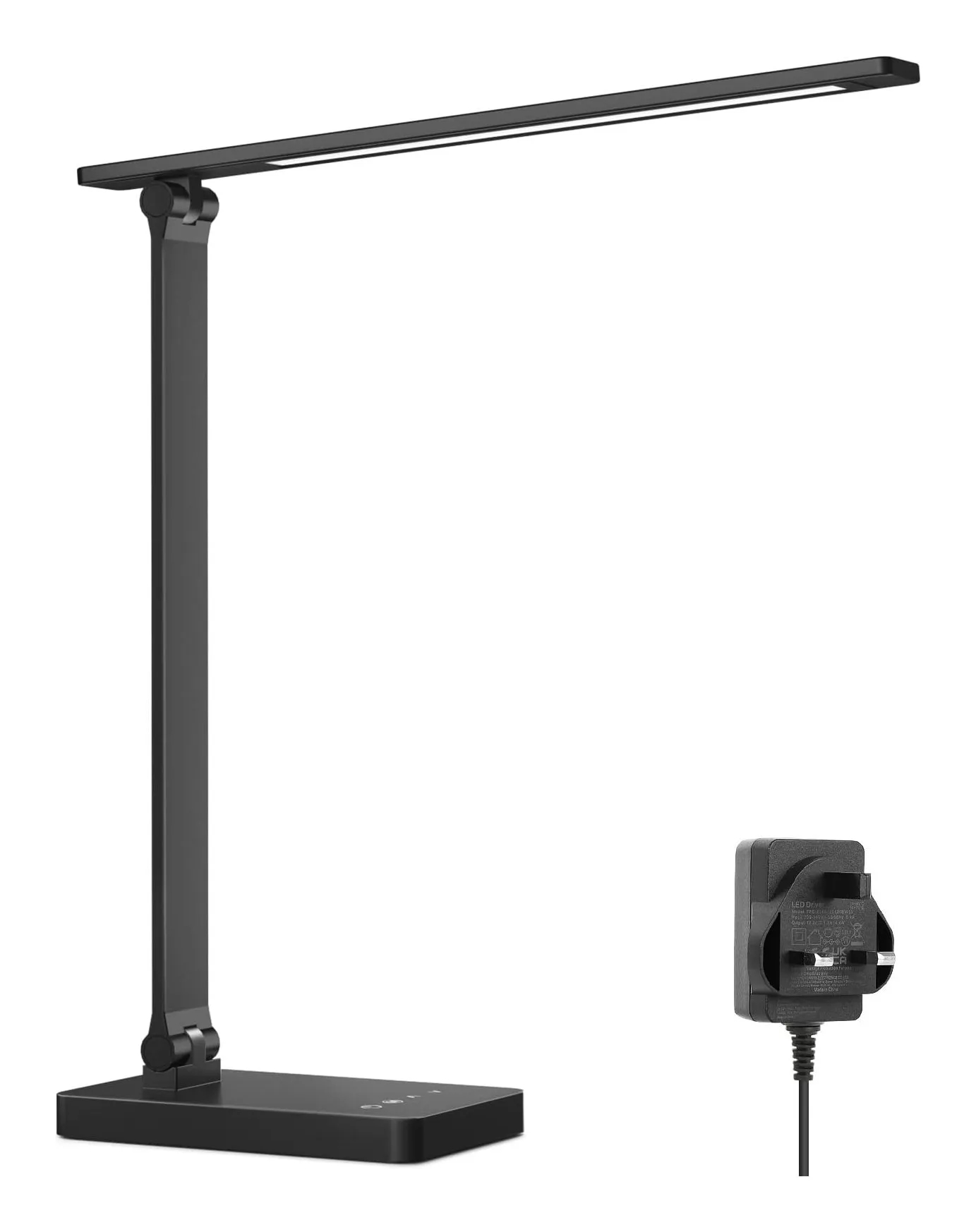Lepro LED desk lamp in black with a flat bar head on a folding arm and touch controls on the base, shown with its UK plug adapter