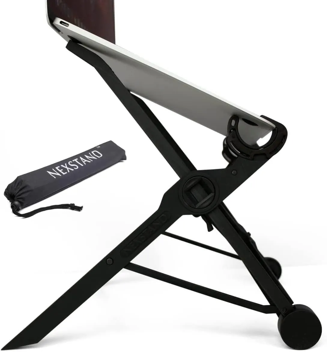 Nexstand K2 folding laptop stand in black holding a laptop at an angle, with its drawstring carry bag beside it