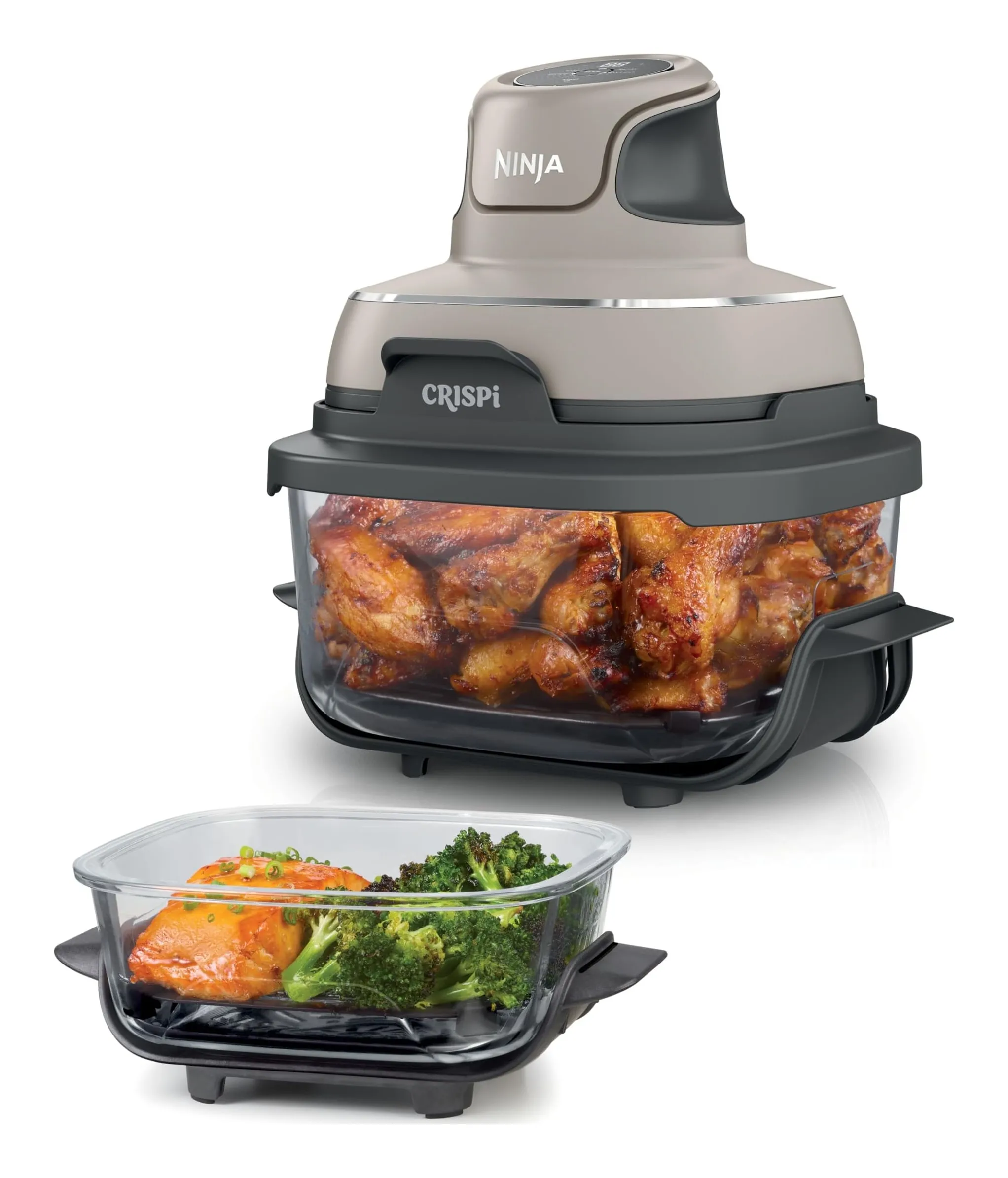Ninja Crispi in Stone: the PowerPod sitting on the 3.8 L glass container of chicken wings, with the 1.4 L glass container of salmon and broccoli on its stand in front