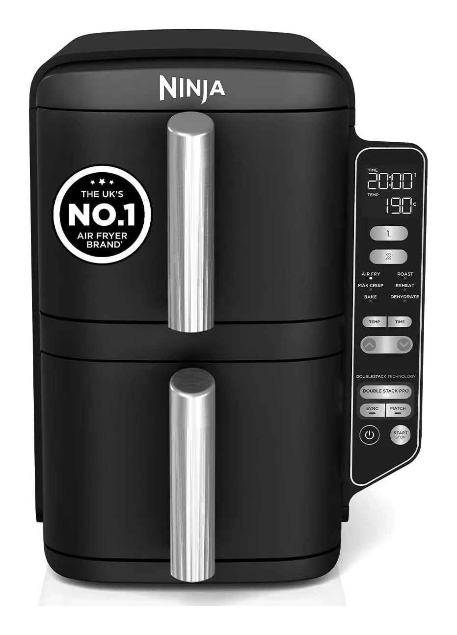 Ninja Double Stack 7.6 L in black: two stacked drawers with steel handles and a side control panel showing time and temperature