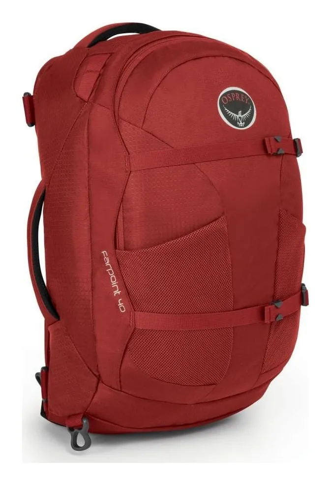 Osprey Farpoint 40 travel pack in Jasper Red: panel-loading main compartment, two front compression straps and mesh side pockets