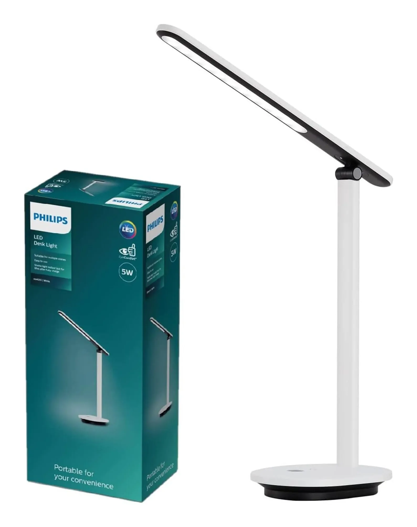 Philips Ivory LED desk lamp in white with a hinged bar head on a slim stem and a round base, next to its teal retail box marked 5 W and 'Portable for your convenience'