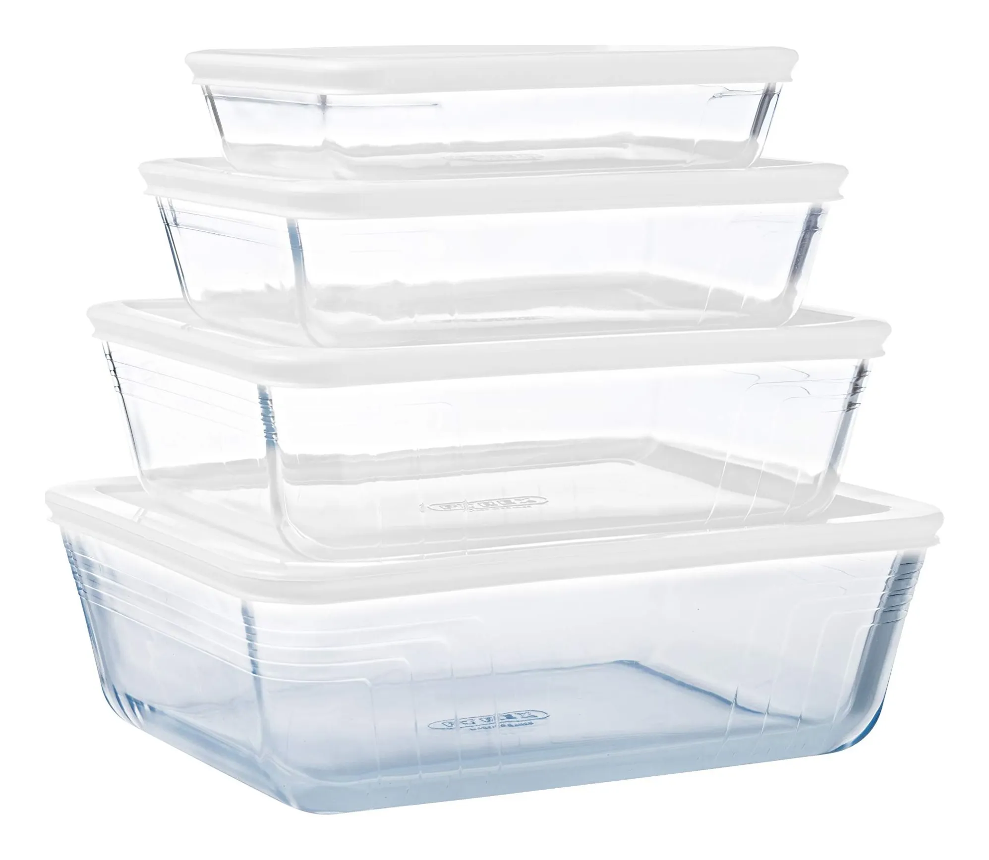 Pyrex Cook & Freeze set of four rectangular glass dishes with white lids, nested in a stack from small to large