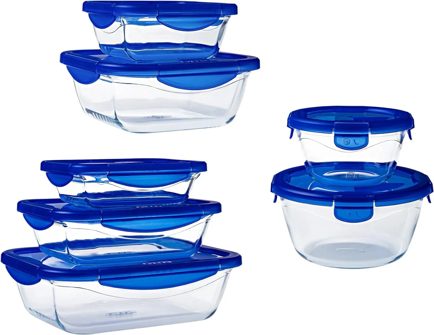 Pyrex Cook & Go seven-piece set: rectangular and round glass dishes with blue four-clip lids, stacked in two towers