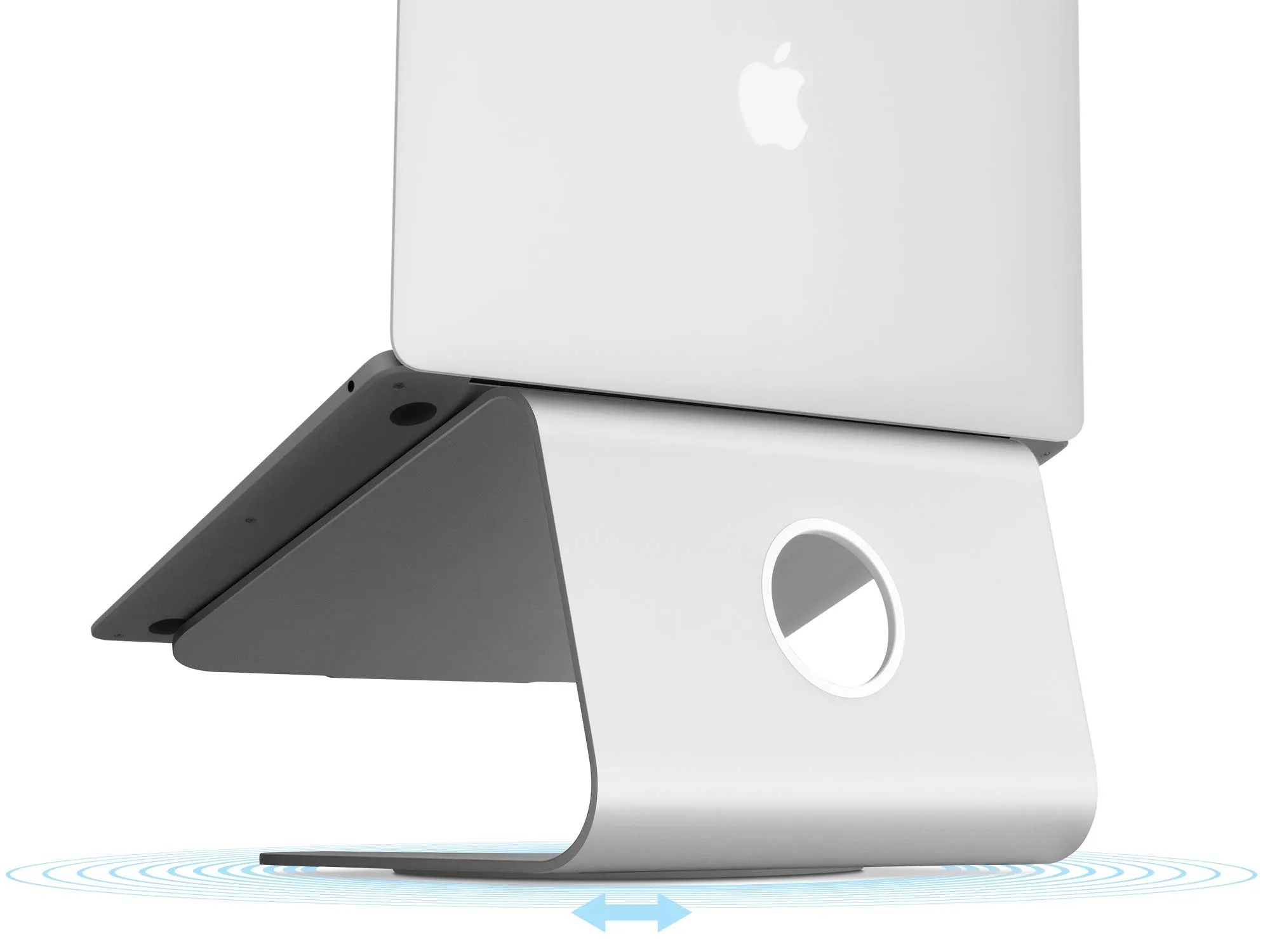 Rain Design mStand: a single curved sheet of silver aluminium with a cable hole, holding a MacBook, on a swivel base