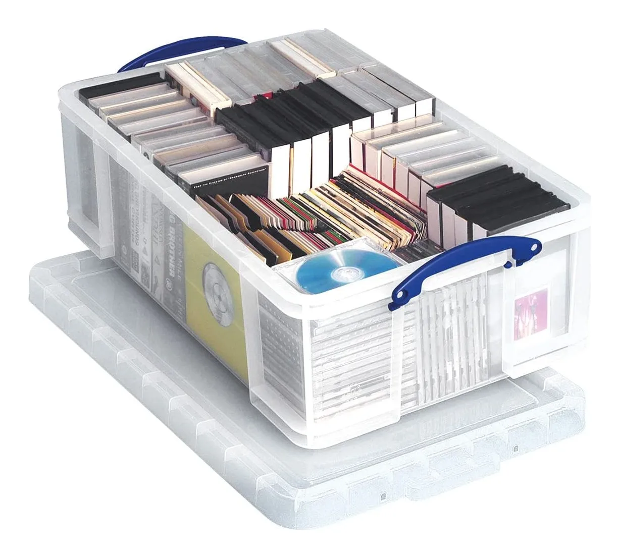 Really Useful Box 50 litre clear storage box with blue clip handles, lid removed and filled with cases