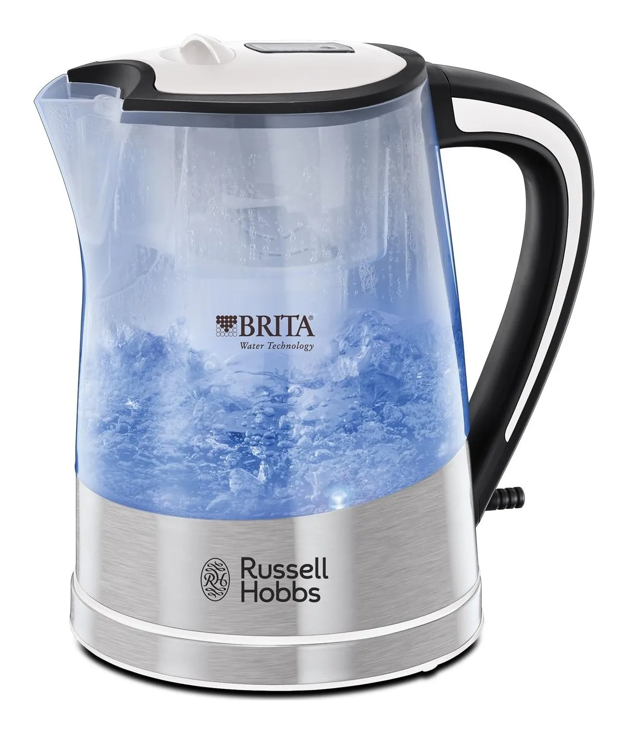 Russell Hobbs Brita Purity kettle: a translucent jug with a Brita filter cartridge visible inside, blue-lit boiling water and a stainless-steel base