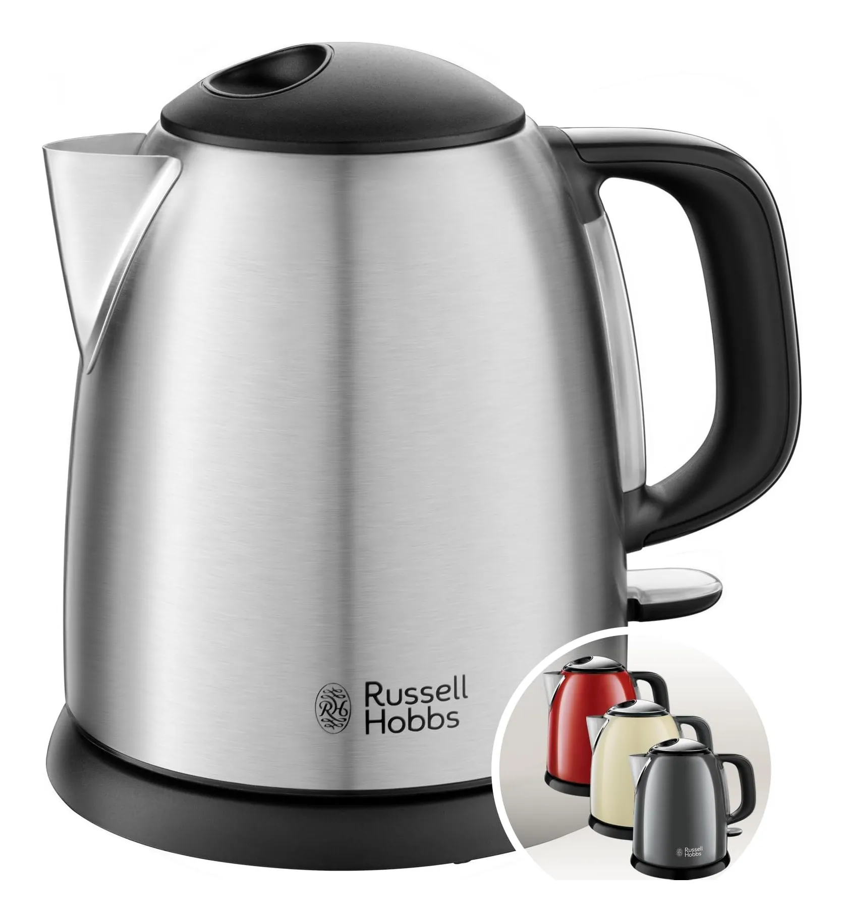 Russell Hobbs 1-litre compact kettle in brushed stainless steel with a black lid and handle, with an inset showing red, cream and grey versions