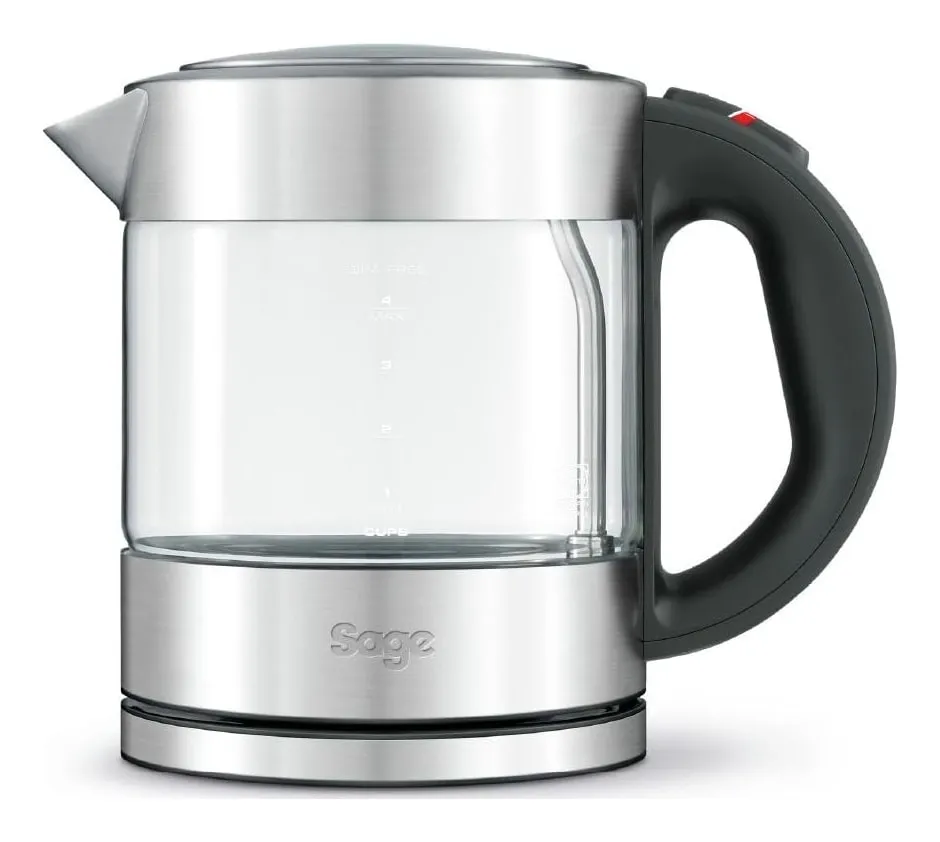 Sage Compact Kettle Pure: a 1-litre glass kettle with brushed stainless-steel top and base, black handle and cup markings from 1 to 4 on the glass