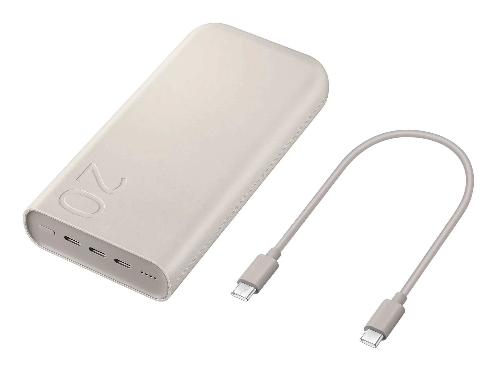 Samsung 20,000 mAh battery pack in beige with three USB-C ports and four indicator dots, beside its short USB-C cable