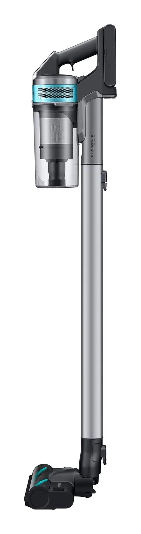 Samsung Jet 75E Pet cordless stick vacuum in silver with a teal-mint band, clear dustbin and a motorised brush head