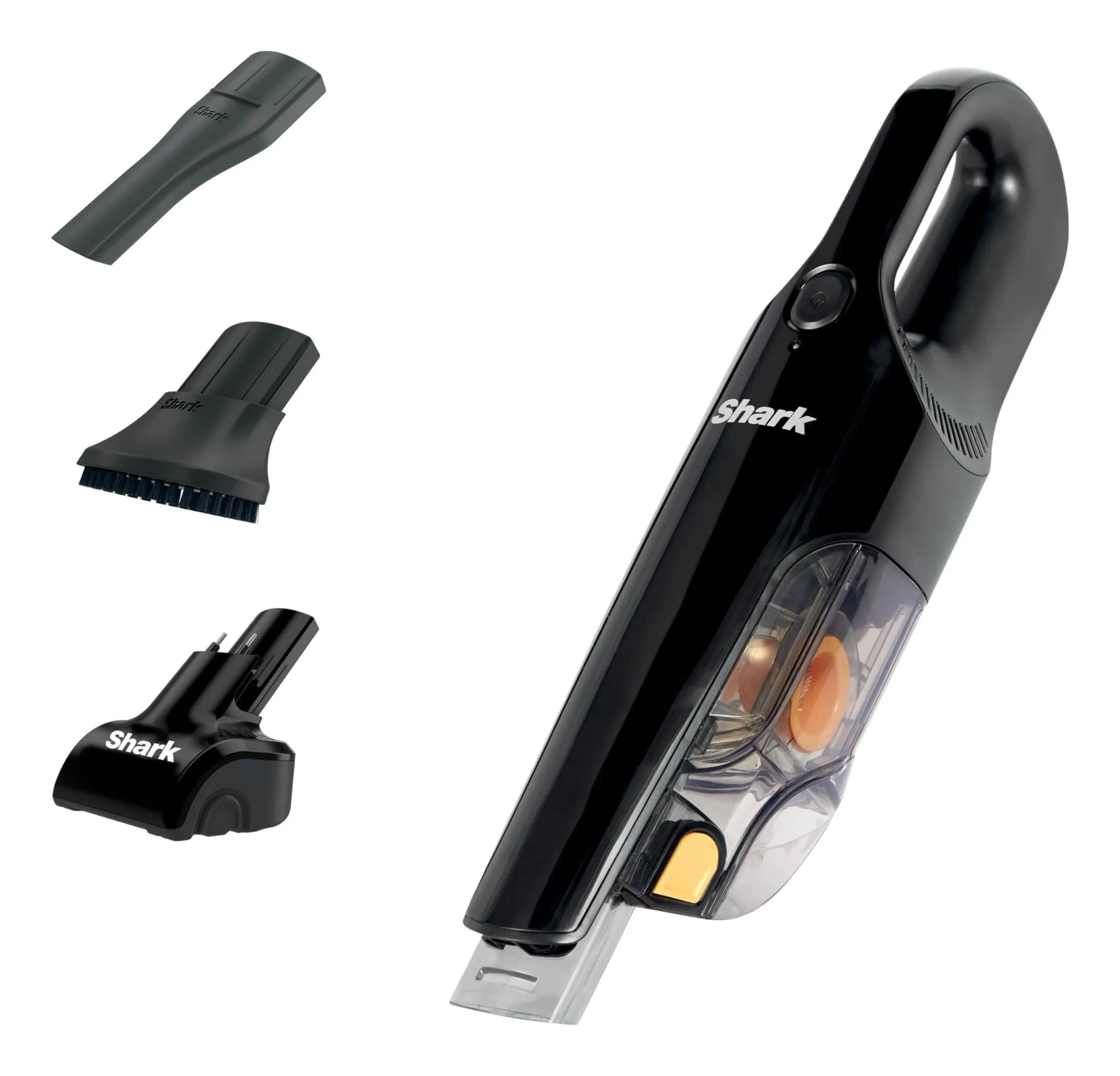 Shark Classic Handheld Pet in black with an orange dust cup latch, shown with a crevice tool, a dusting brush and a motorised pet tool