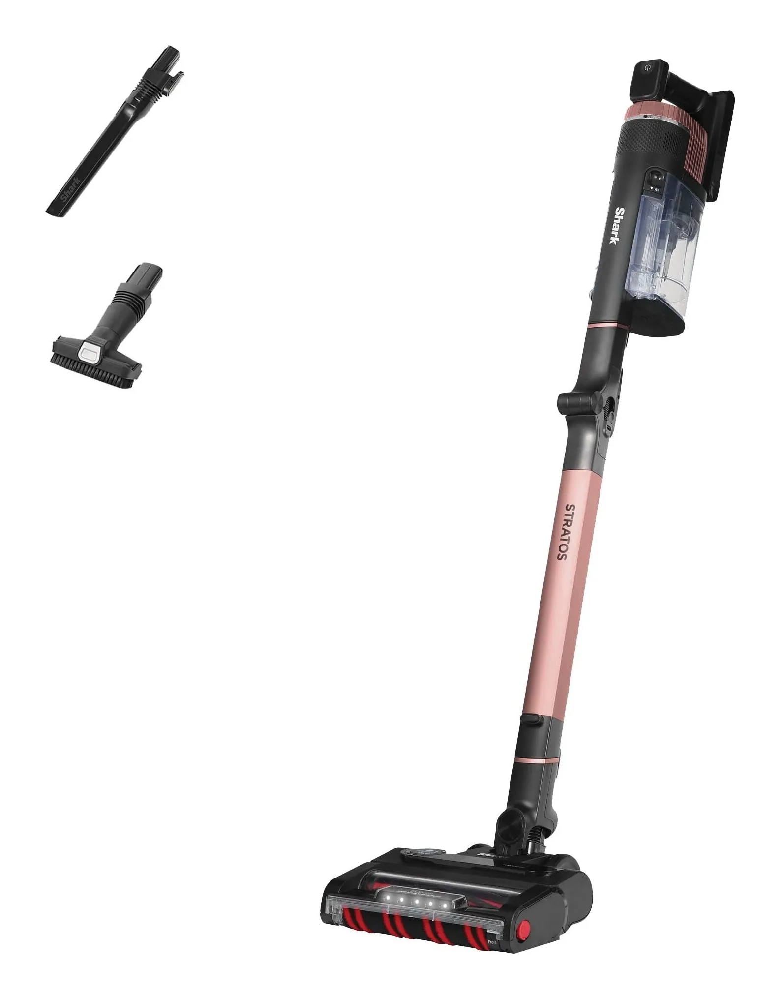 Shark Stratos cordless stick vacuum in charcoal and rose gold with a crevice tool and dusting brush, clear dust cup and a lit anti-hair-wrap floor head