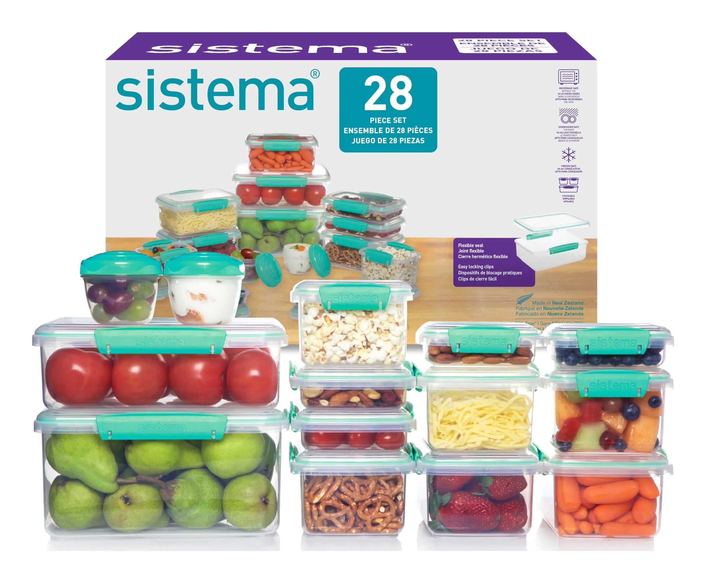 Sistema KLIP IT 28-piece set: fourteen clear containers with teal clips in graduated sizes stacked in front of the box