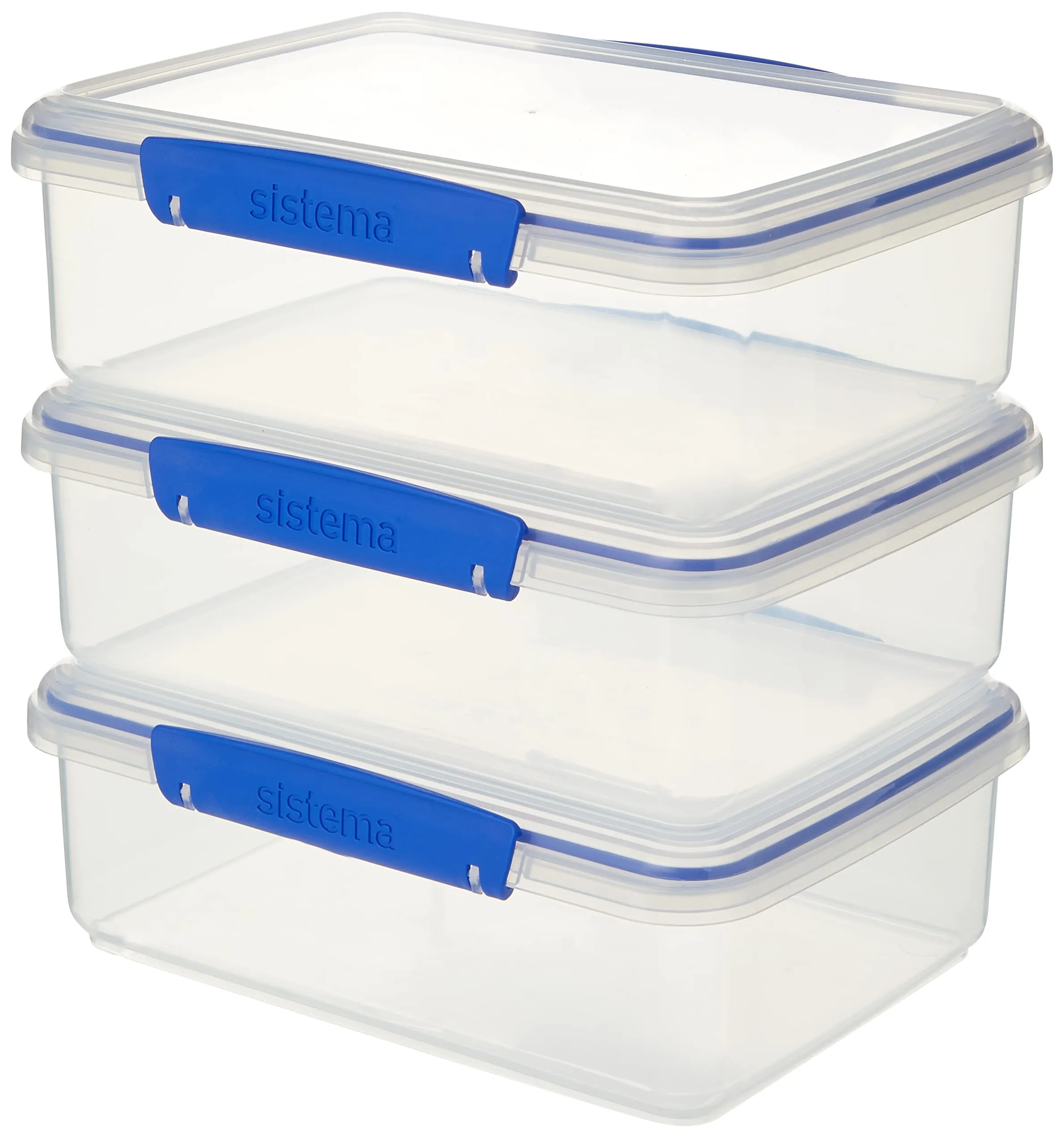 Three stacked Sistema Klip It 2-litre rectangular containers, clear with blue clips