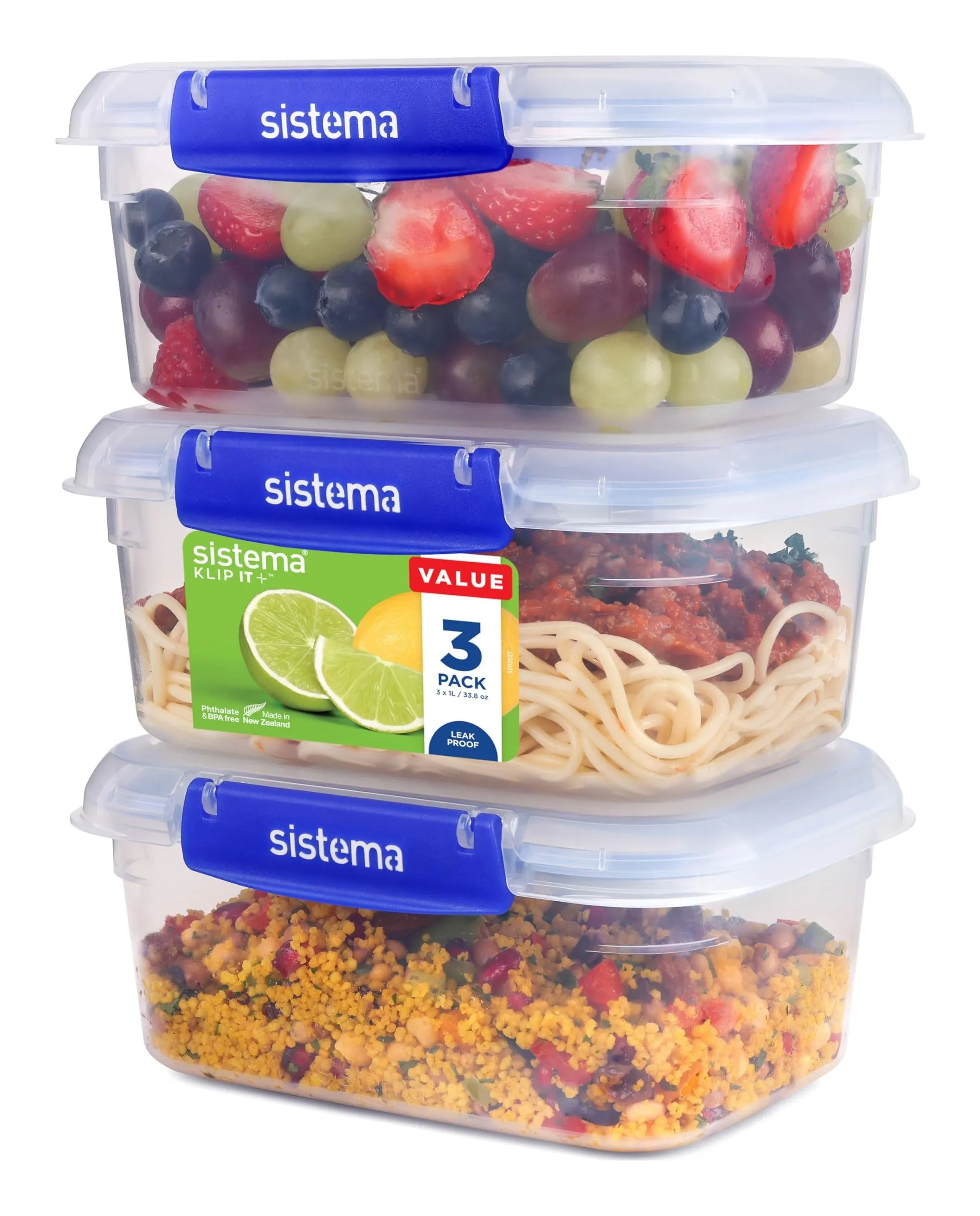 Three stacked Sistema KLIP IT PLUS 1 L clear containers with blue clips, holding fruit, spaghetti bolognese and couscous salad